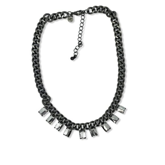 Black Chunky Chain Event Necklace With Rectangular Crystal Accents Evening - Picture 3 of 4